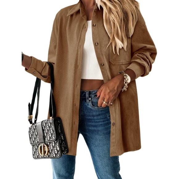 Women Brown Collared V Neck Button Down Oversized Long Sleeve Shirt Top - Picture 2 of 6